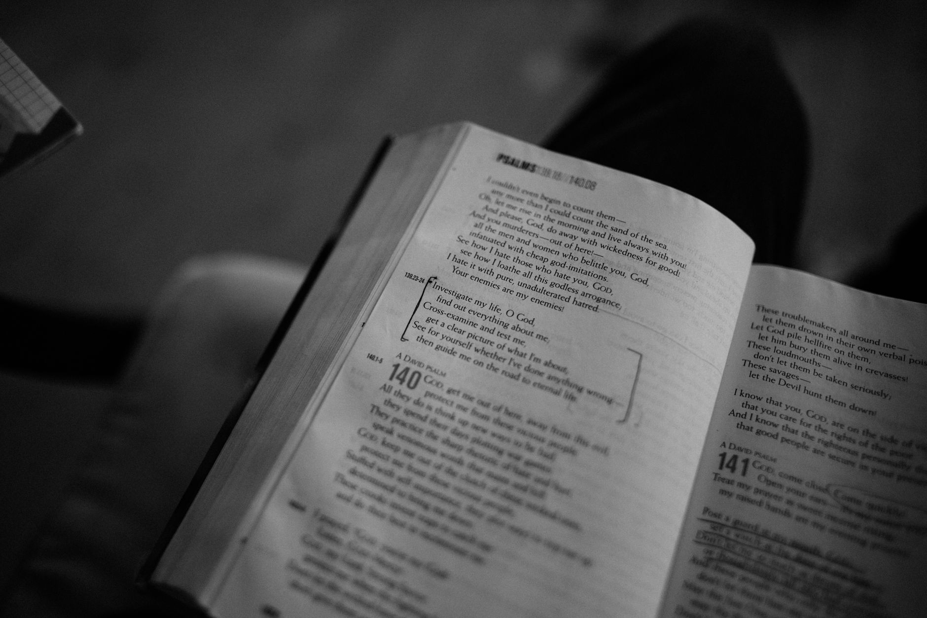 Bible open to the Psalms with soft natural light